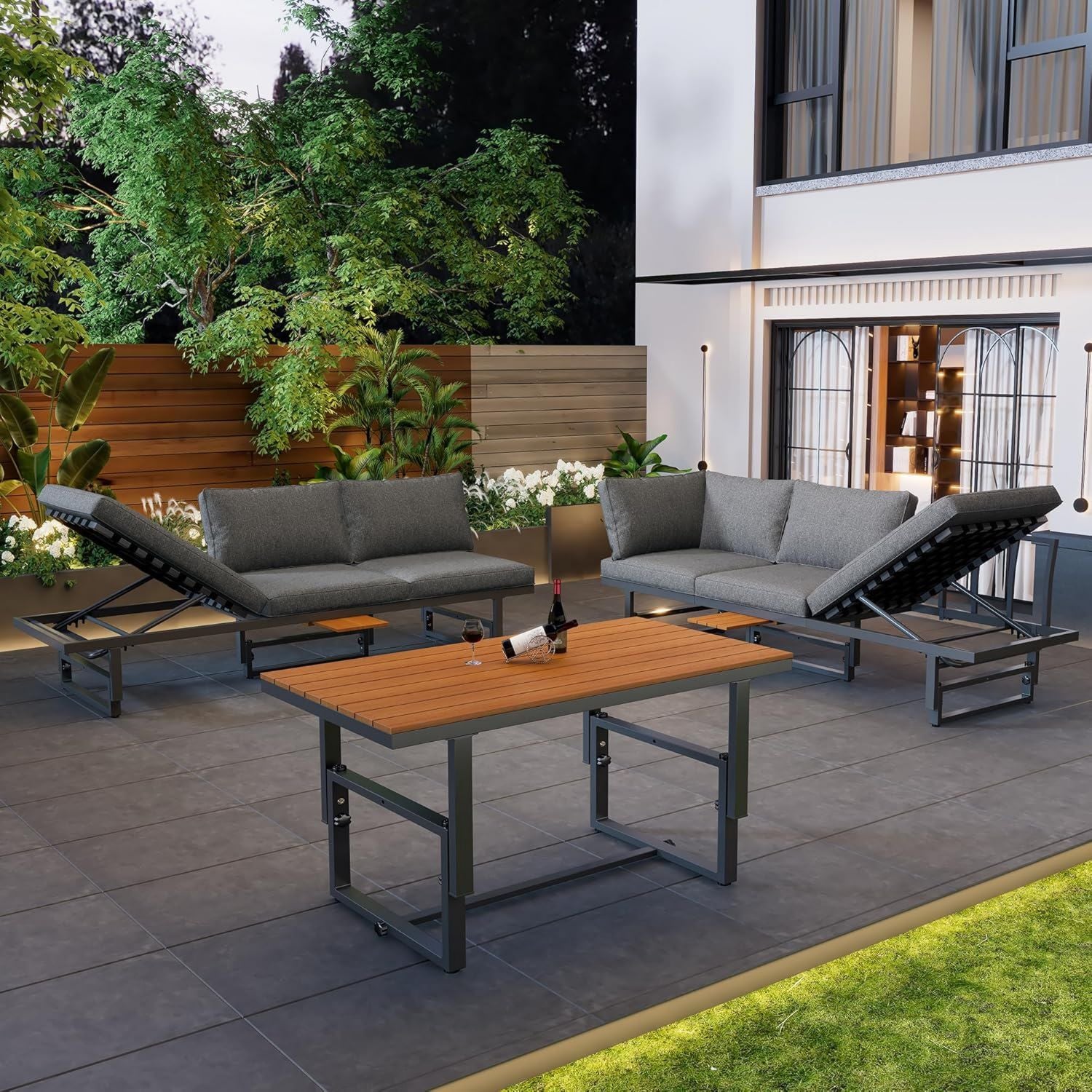 Hochwertige Gartenmoebel Set Lounge Moebel 3 Teiliges Set ausgestattet mit 2 Sofas 1 Sofa mit Verstellbarer Rueckenlehne Verstellbarem mit enthaltenen Aller Sitzkissen und Kissen grau Variante 491