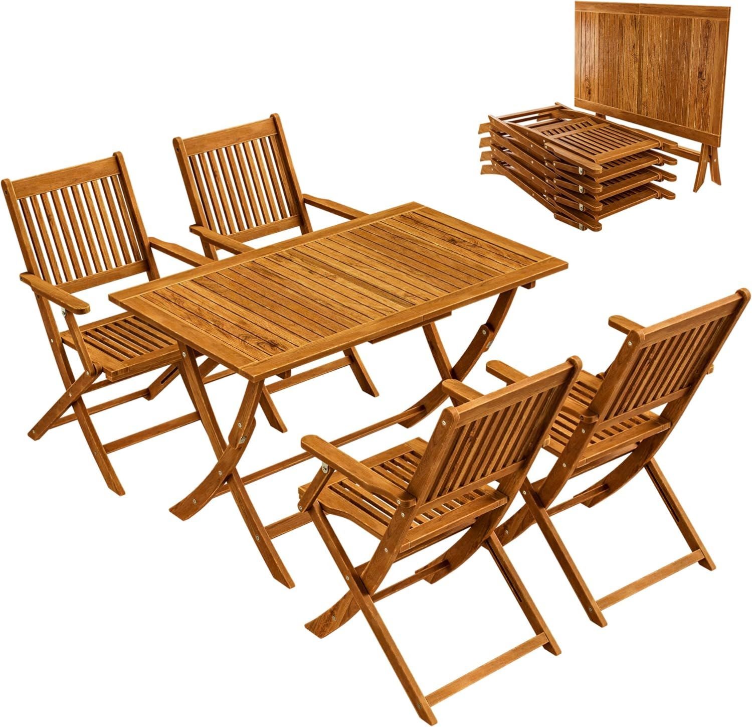 Hochwertige Gartenmoebel Set wetterfest einfach zu verstauen Akazie 5 TLG FSC zertifiziert Holz Armlehne 160kg Maximalbelastung Terrasse Balkonmoebel 120x70cm Moebelset 4 Personen Variante 7