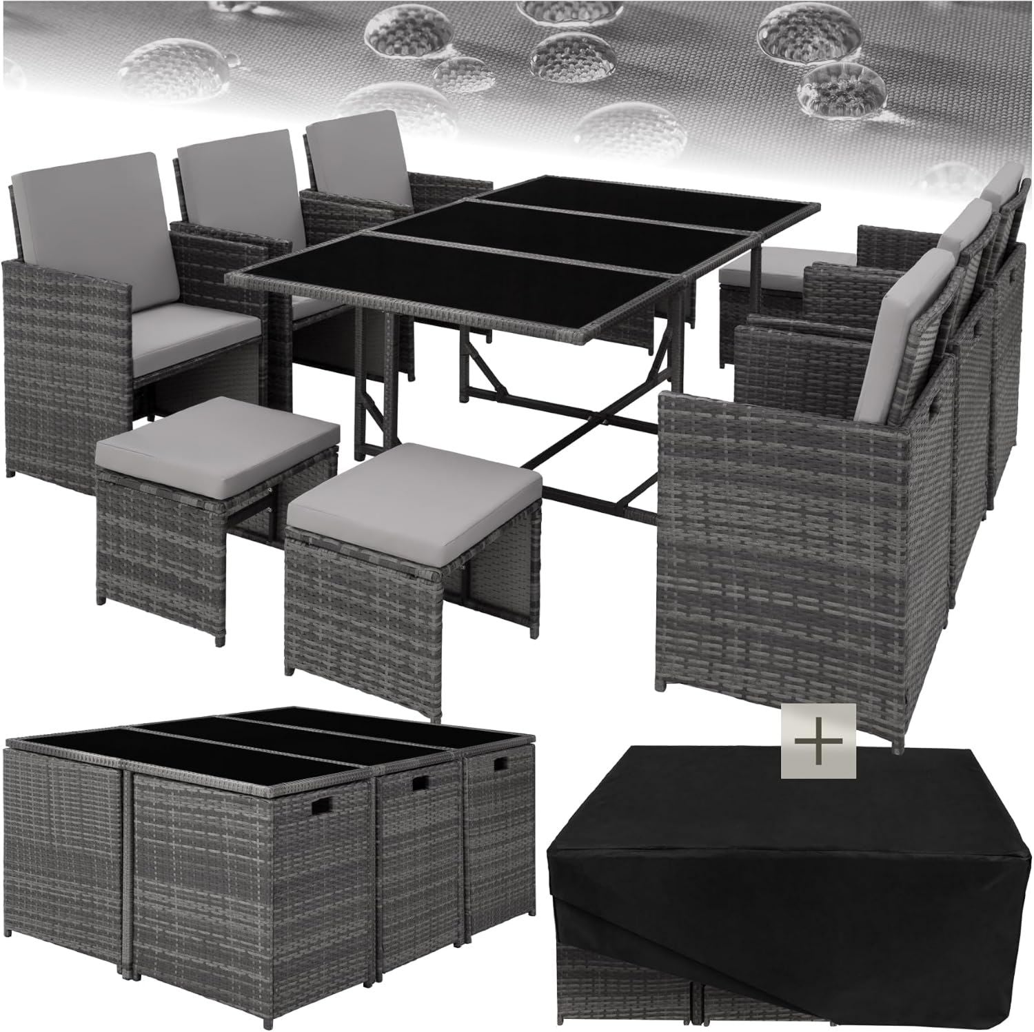Hochwertige tectake Balkon Gartenmoebel Set Lounge ausgestattet mit 6 Stuehlen 4 Fussfusshocker und 1 Geflecht geeignet fuer den Ausseneinsatz geeignet platzsparend grau Variante 454