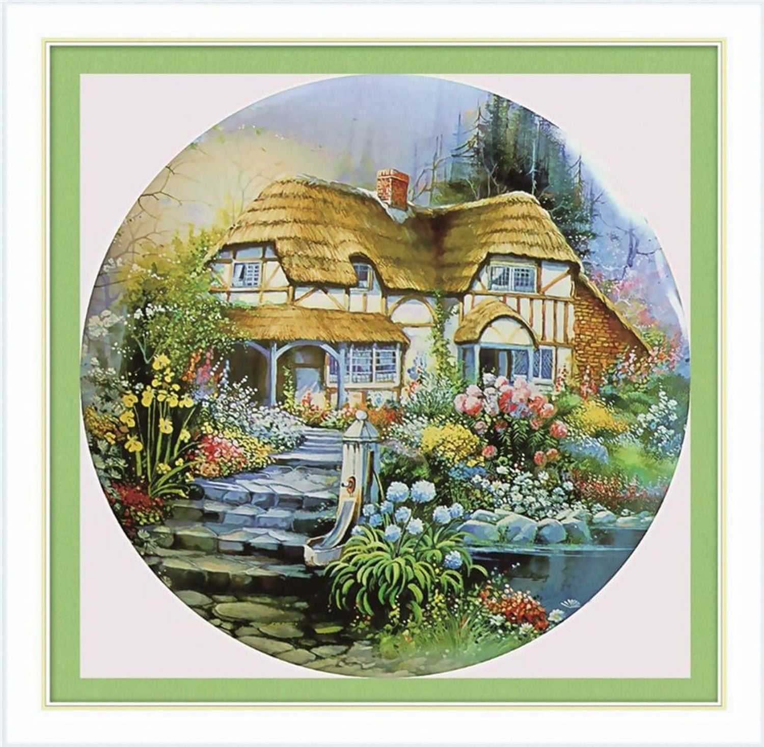 Hochwertige Meecaa Kreuzstich Set 11 faedig gepraegt Hausblumen Landschaft Villa Stickset ausgestattet mit Zubehoer vorgedruckt 48 x 48 cm Haus Variante 136